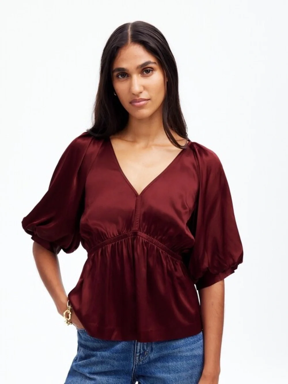 Madewell Shirred Puff sleeve Satin V-Neck Peplum Top in Wine
